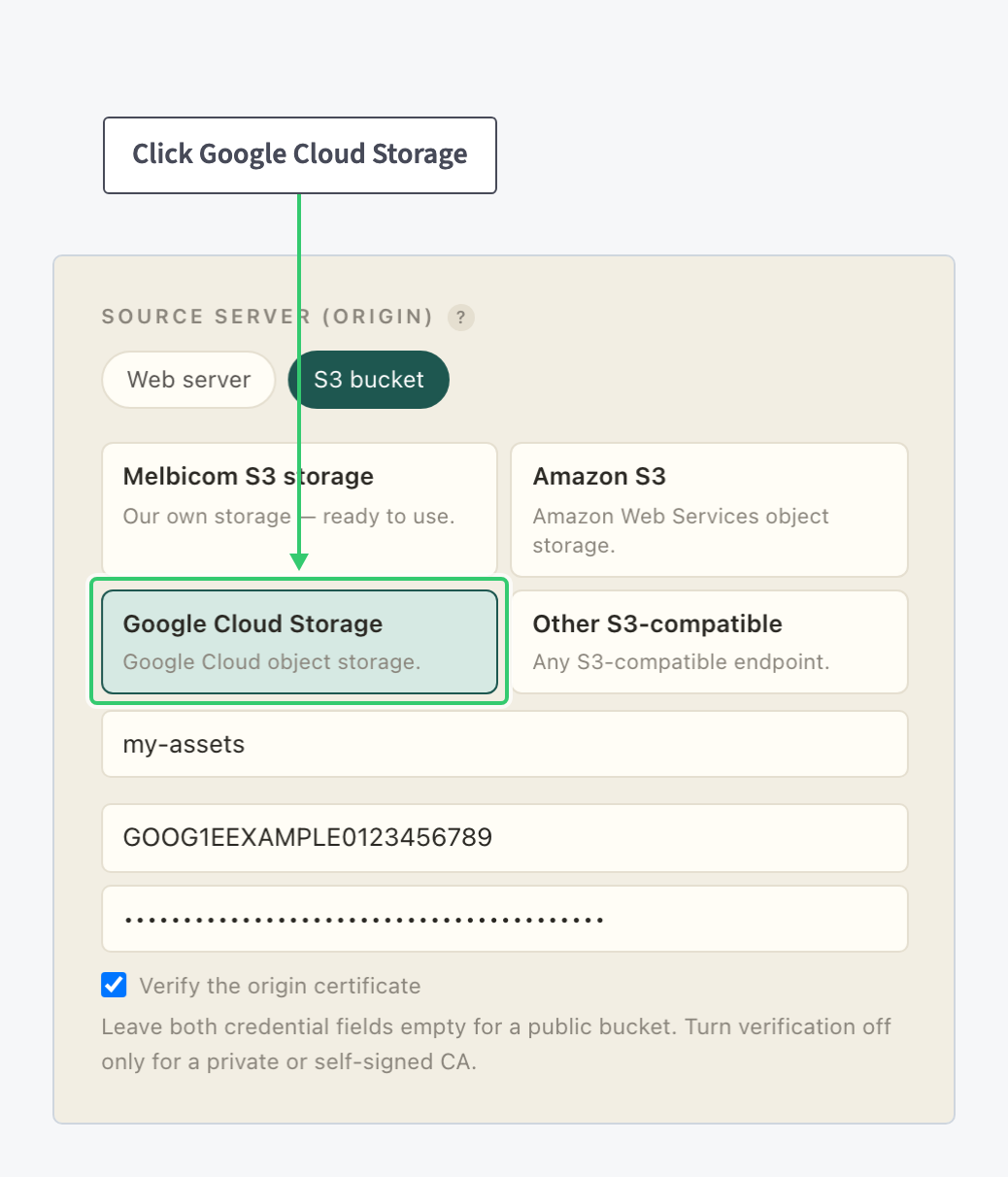 Source Server block with the Google Cloud Storage provider selected and its fields filled with example values
