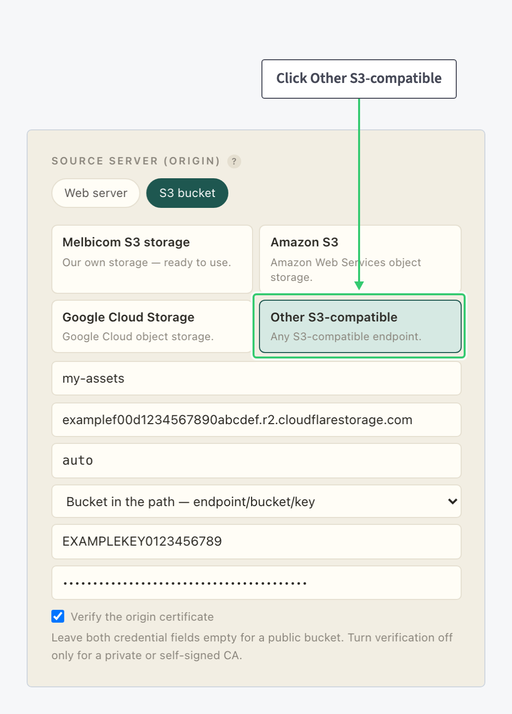 Source Server block with the Other S3-compatible provider selected and its fields filled with example values