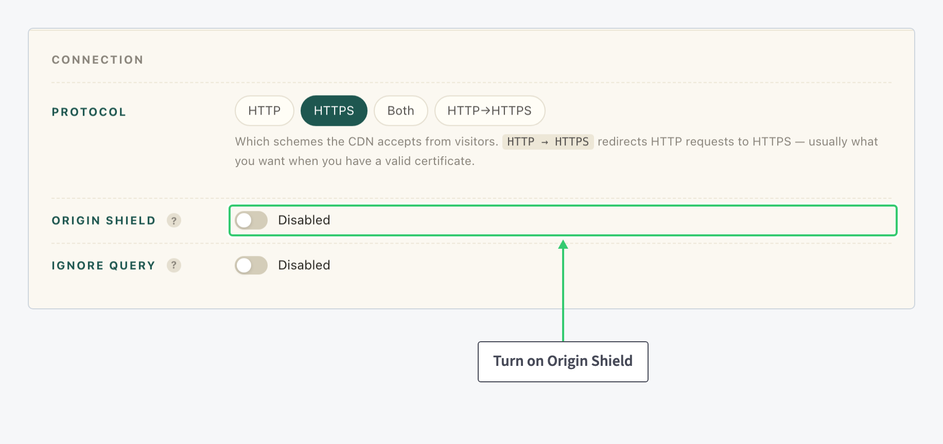 Origin Shield row in the Connection area with its toggle reading Disabled
