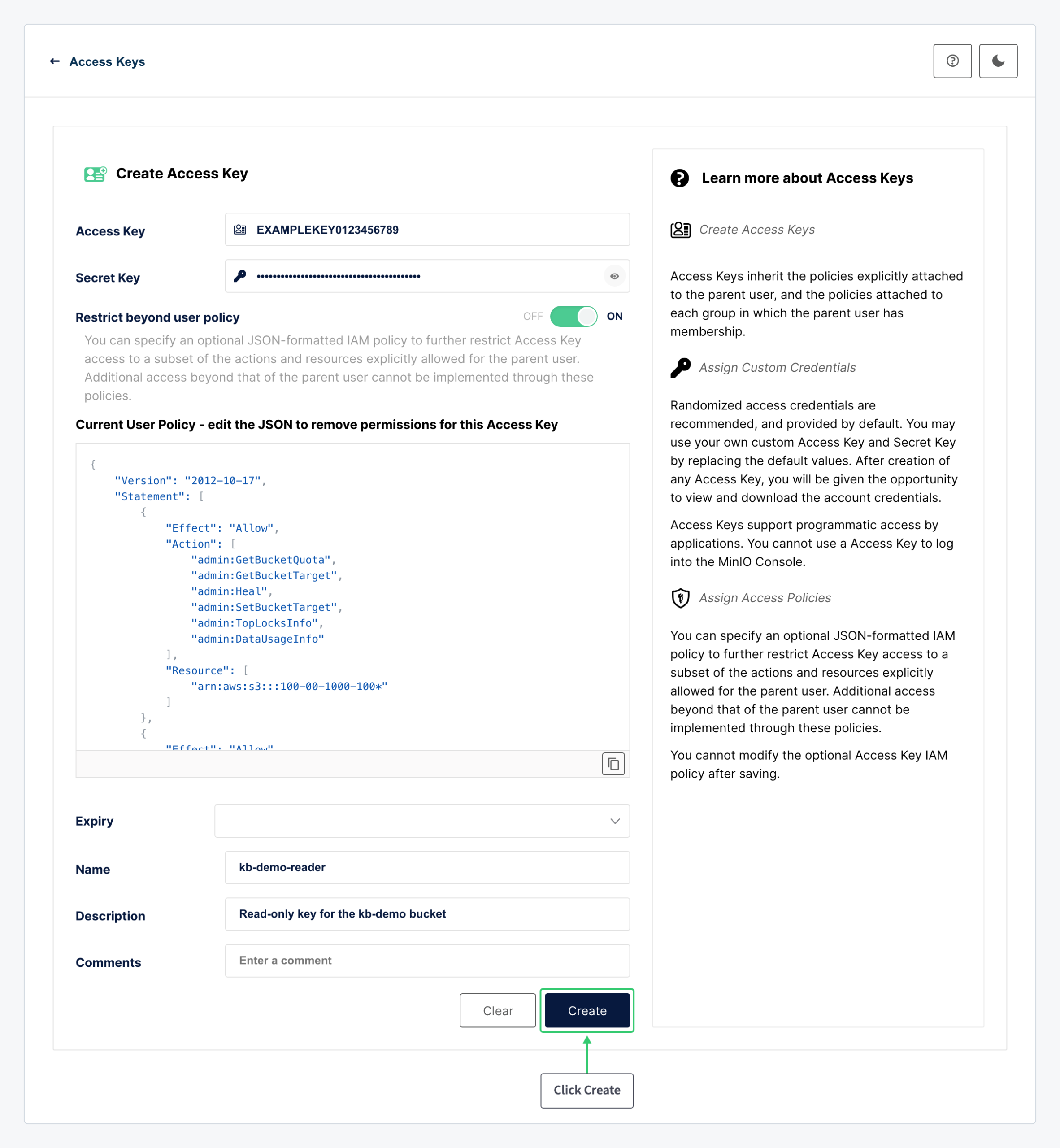 Create Access Key form with a restricted policy, name and description