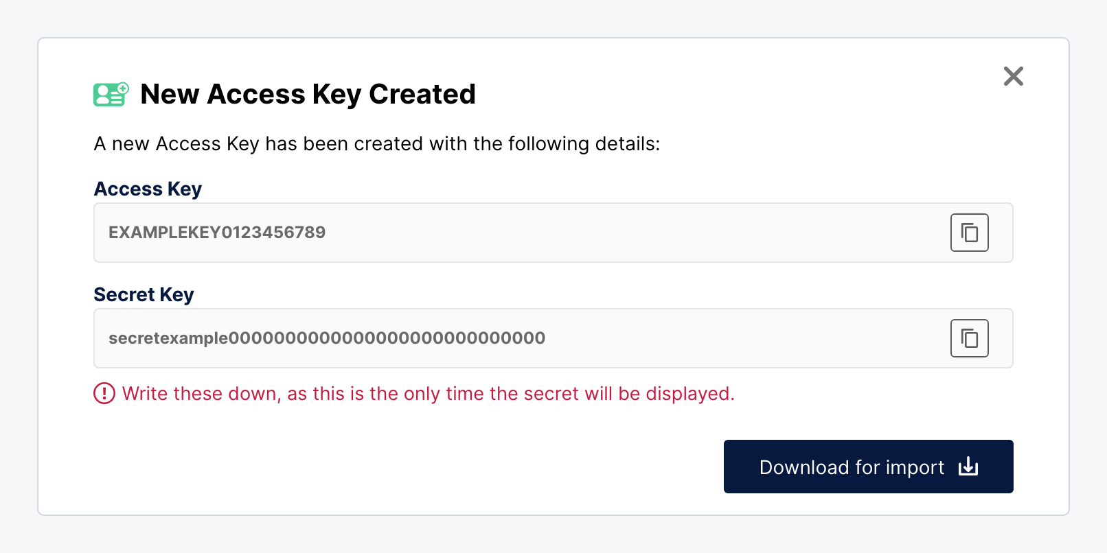 New access key dialog revealing the key pair once, placeholder values