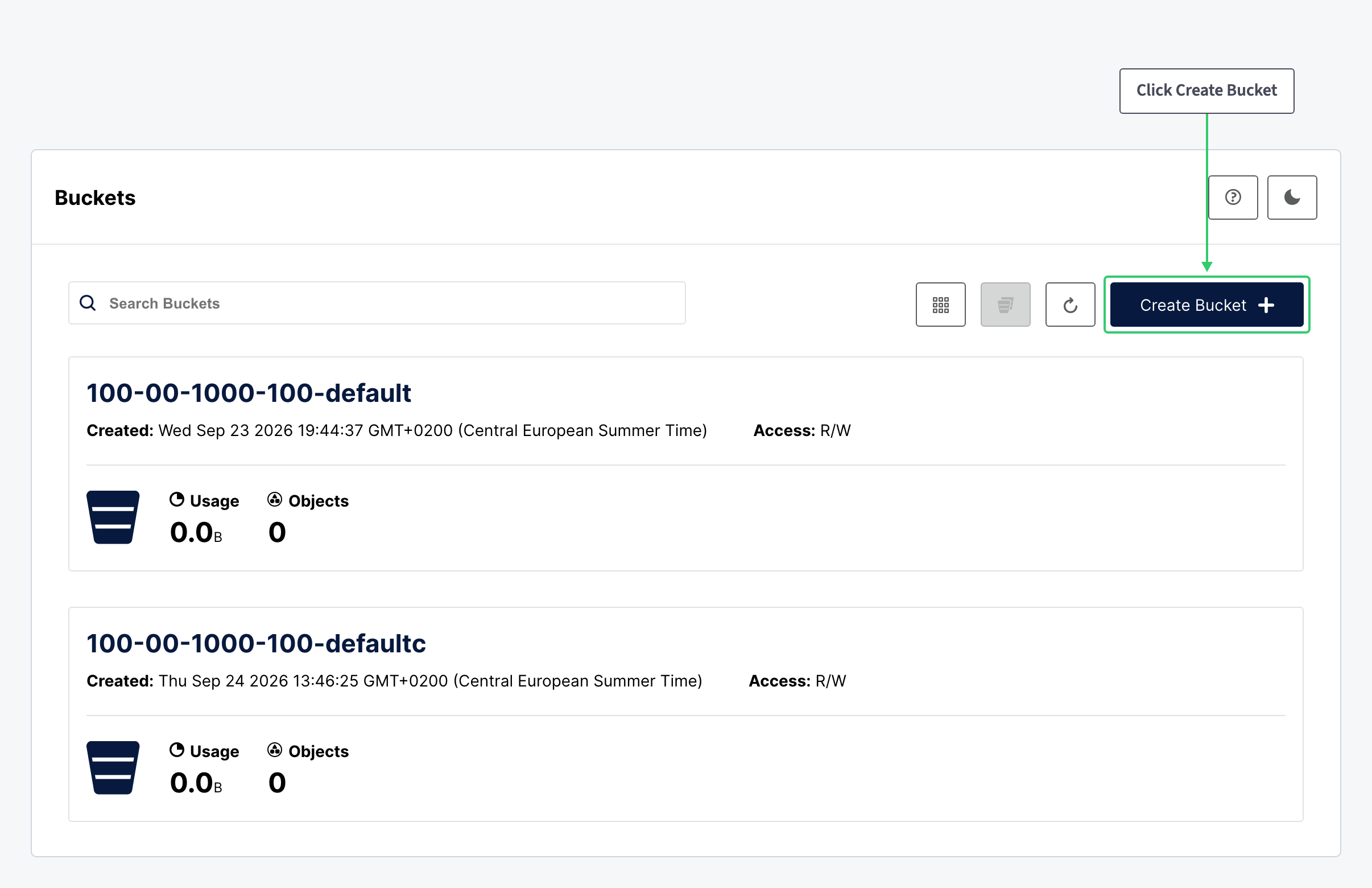 Buckets page of the MinIO Console with the Create Bucket button highlighted
