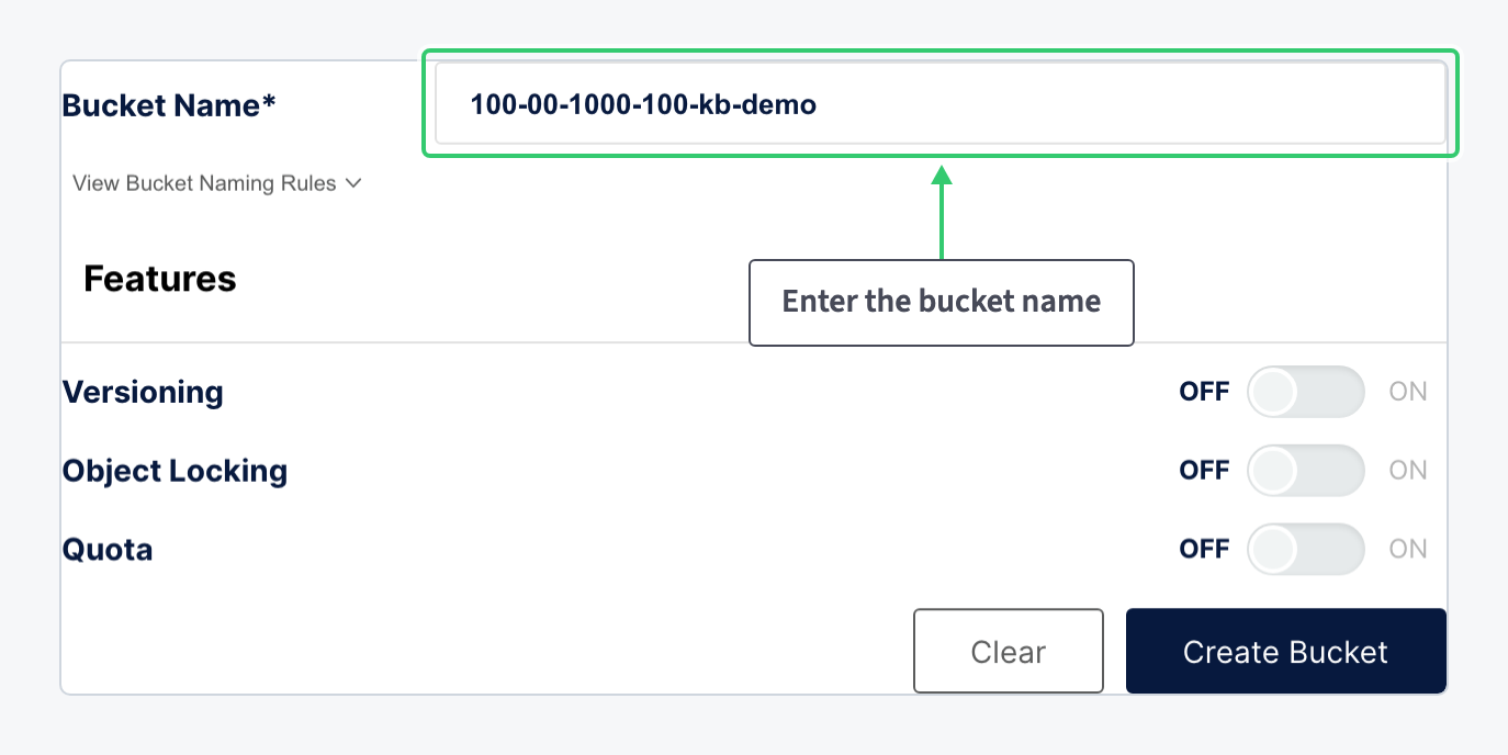 Create Bucket form with a bucket name entered and the feature switches