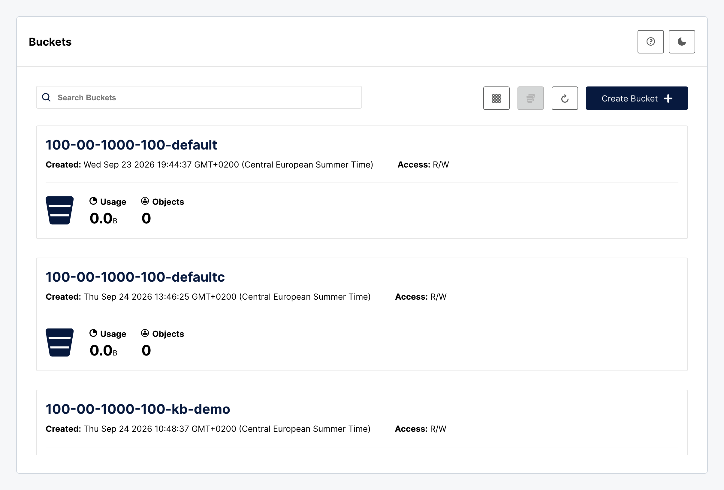Buckets page listing the newly created bucket