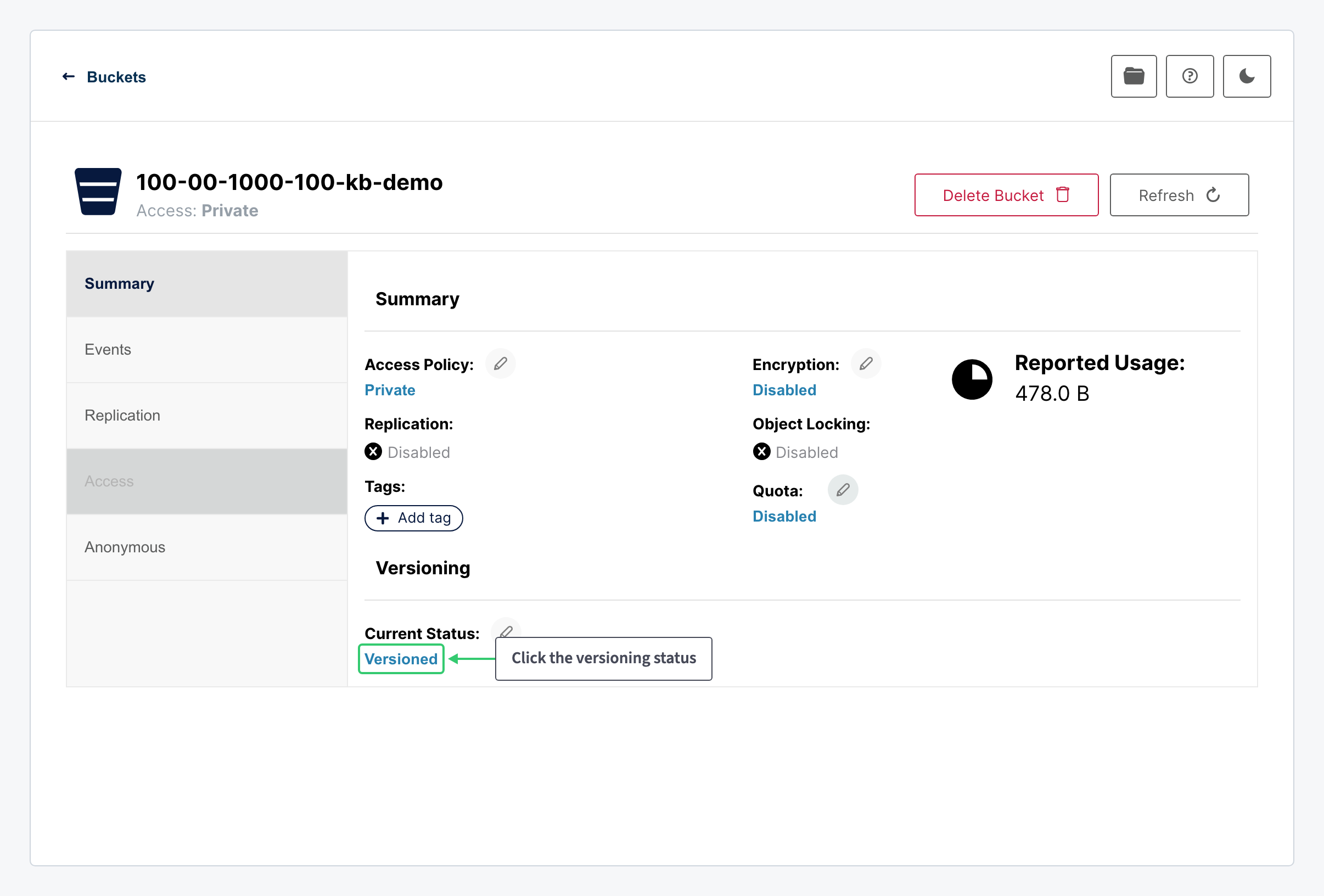 Bucket Summary page with the Versioning status highlighted