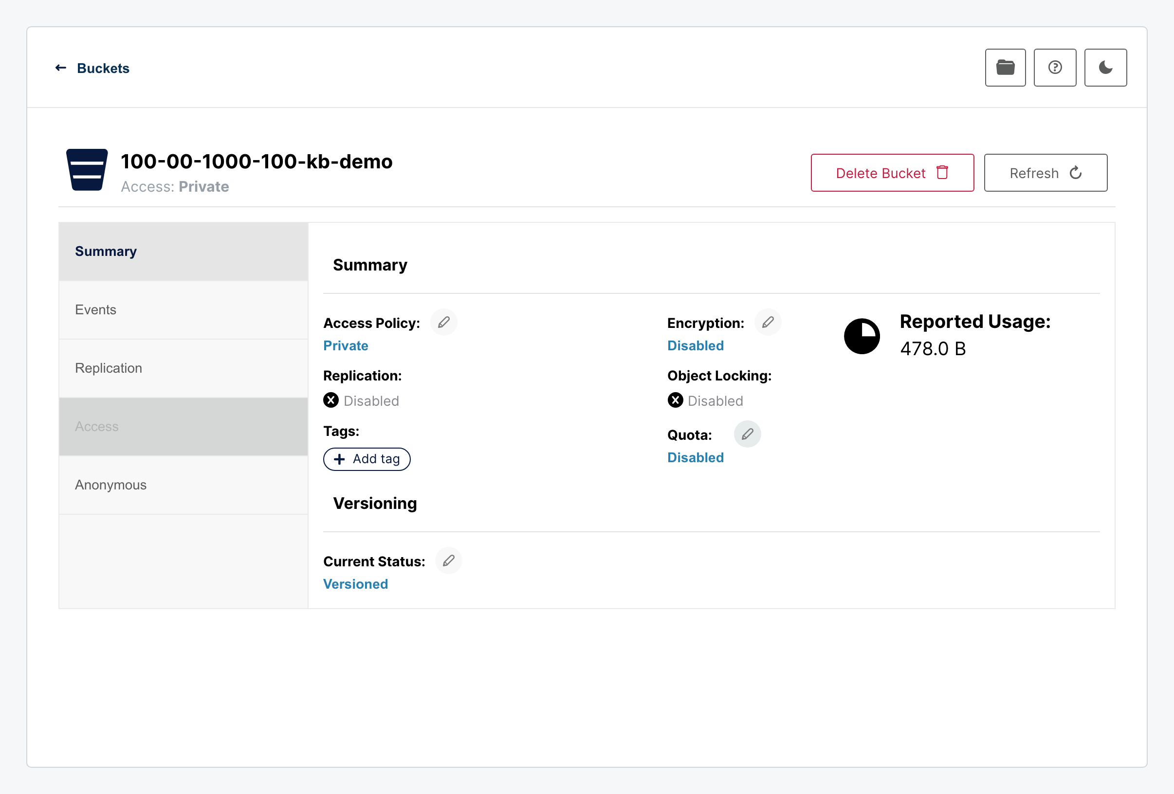 Bucket Summary page with versioning enabled