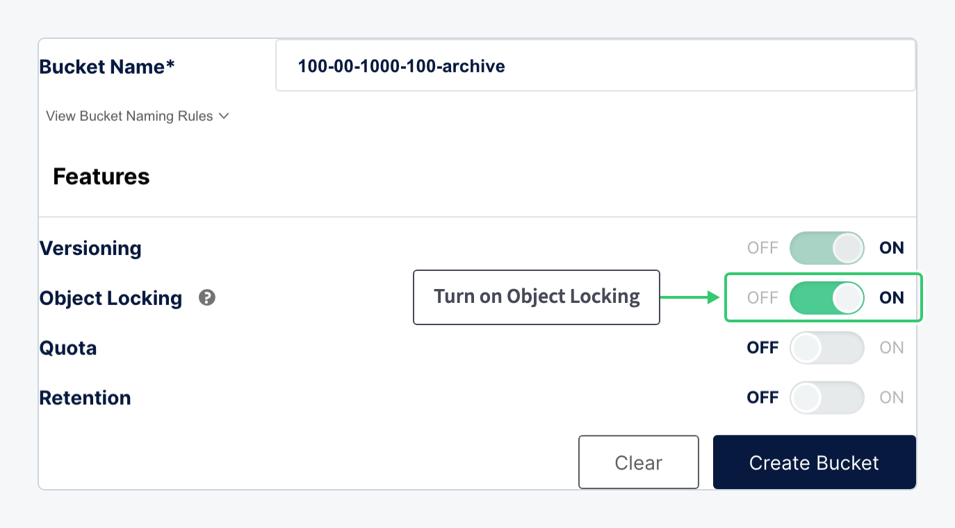 Create Bucket form with Object Locking switched on