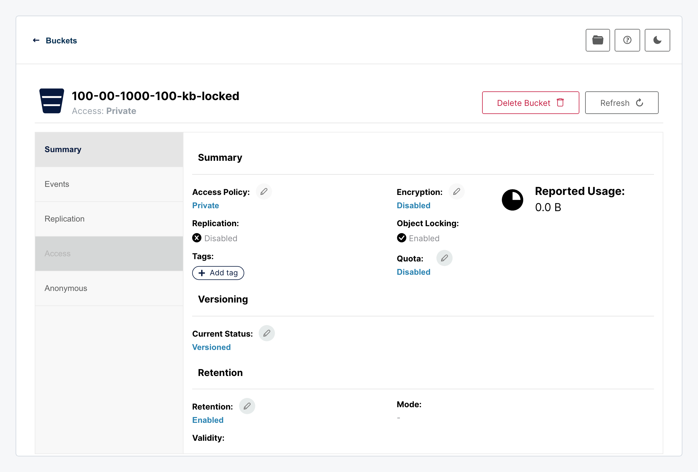Bucket Summary page with Object Locking enabled