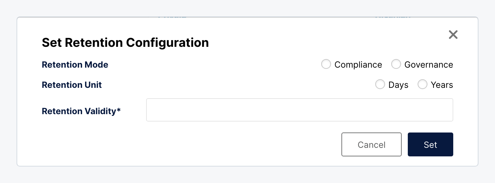 Default retention dialog with mode and validity settings