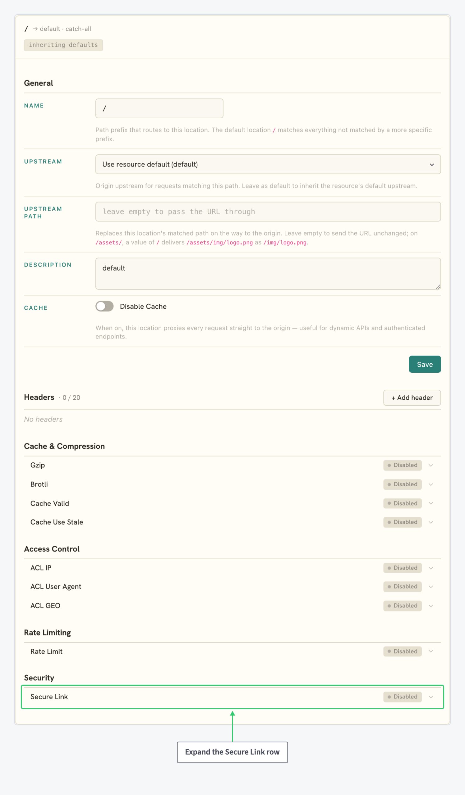 Expanded location card with the Security group and the collapsed Secure Link row