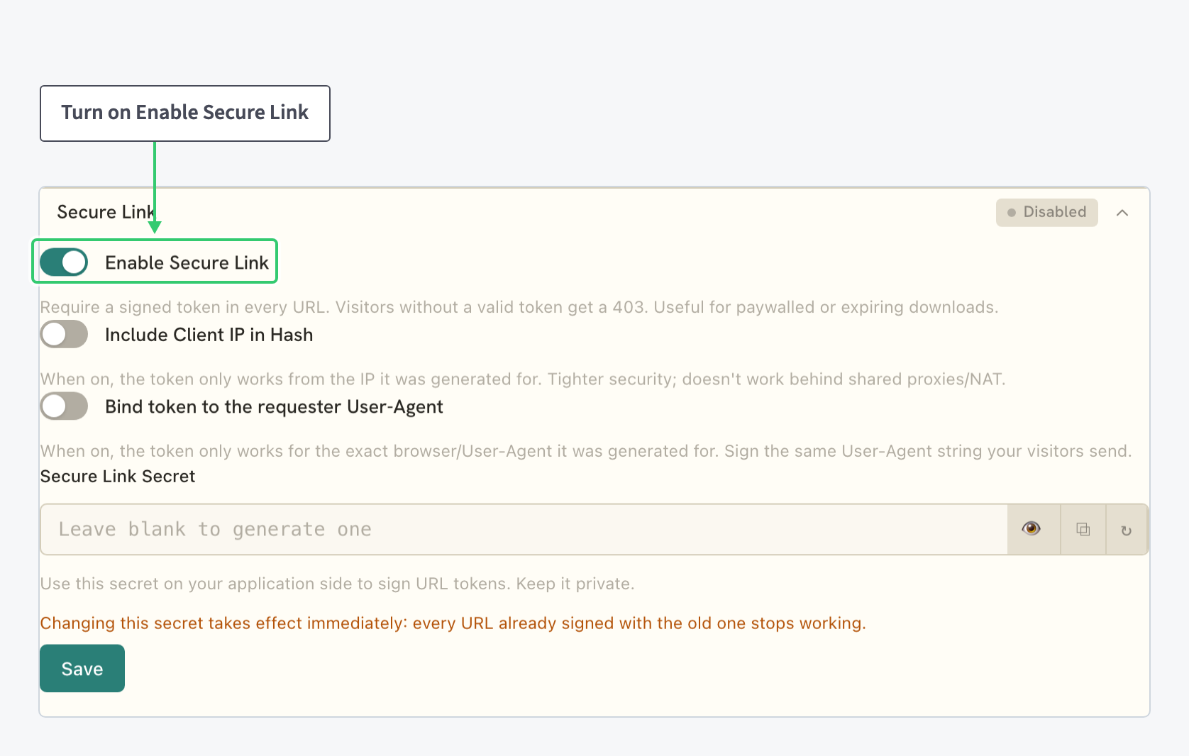 Expanded Secure Link editor with the enable toggle, the IP and User-Agent binding toggles, the Secure Link Secret field and the section Save button