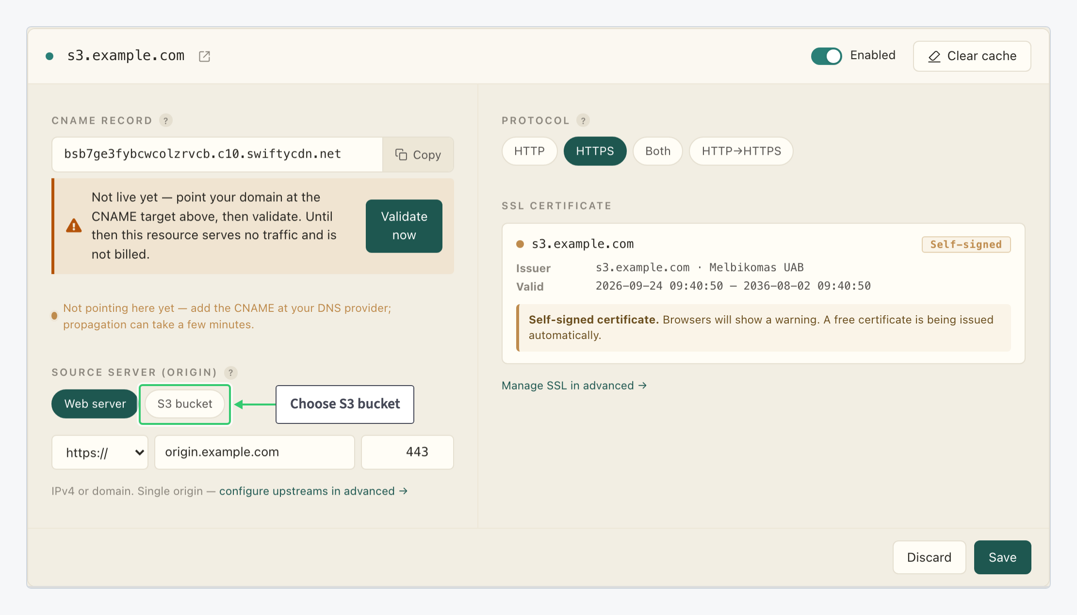 Source Server block with the S3 bucket origin type highlighted