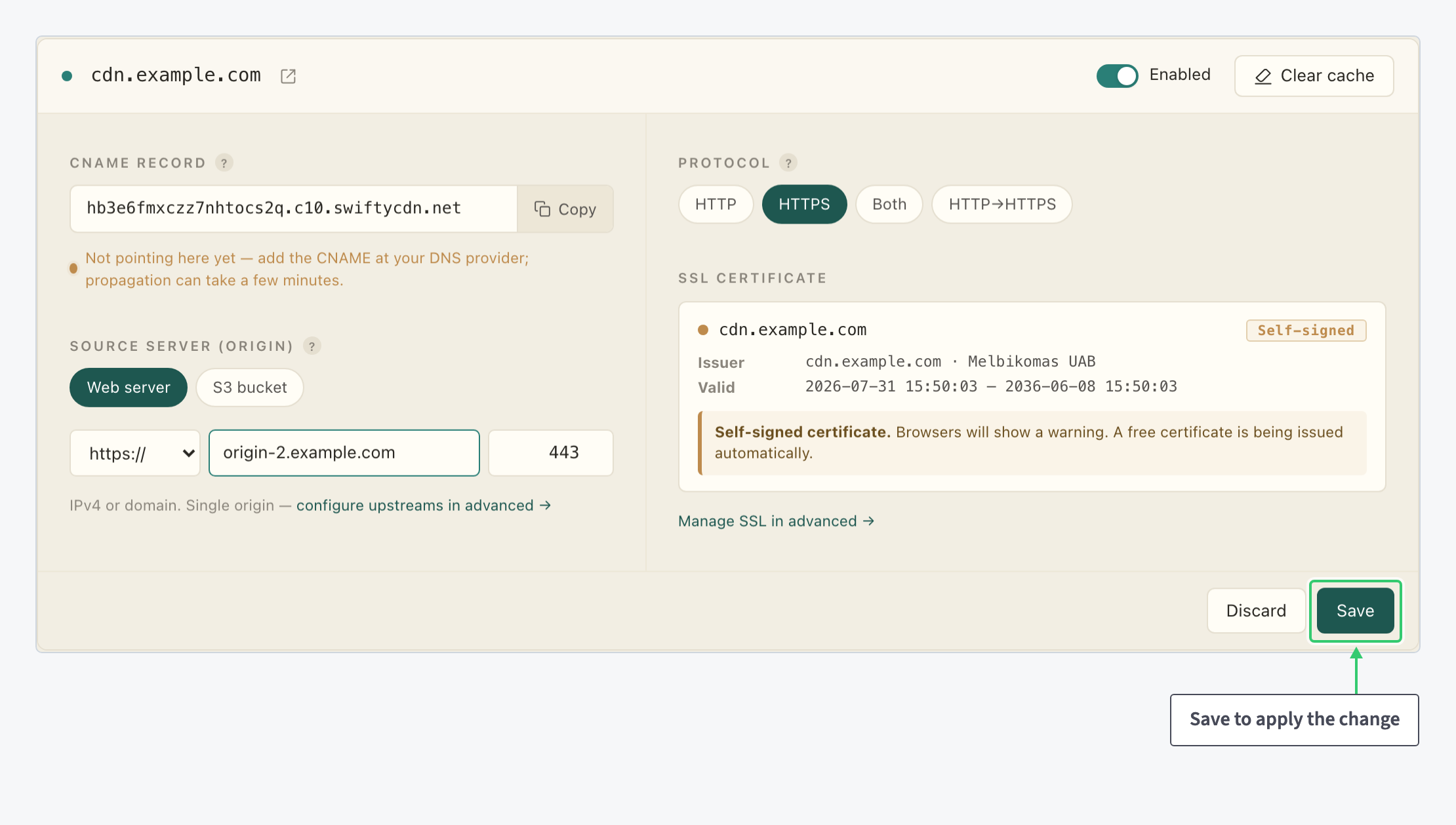 Resource settings page with an edited origin and the Save button in the footer