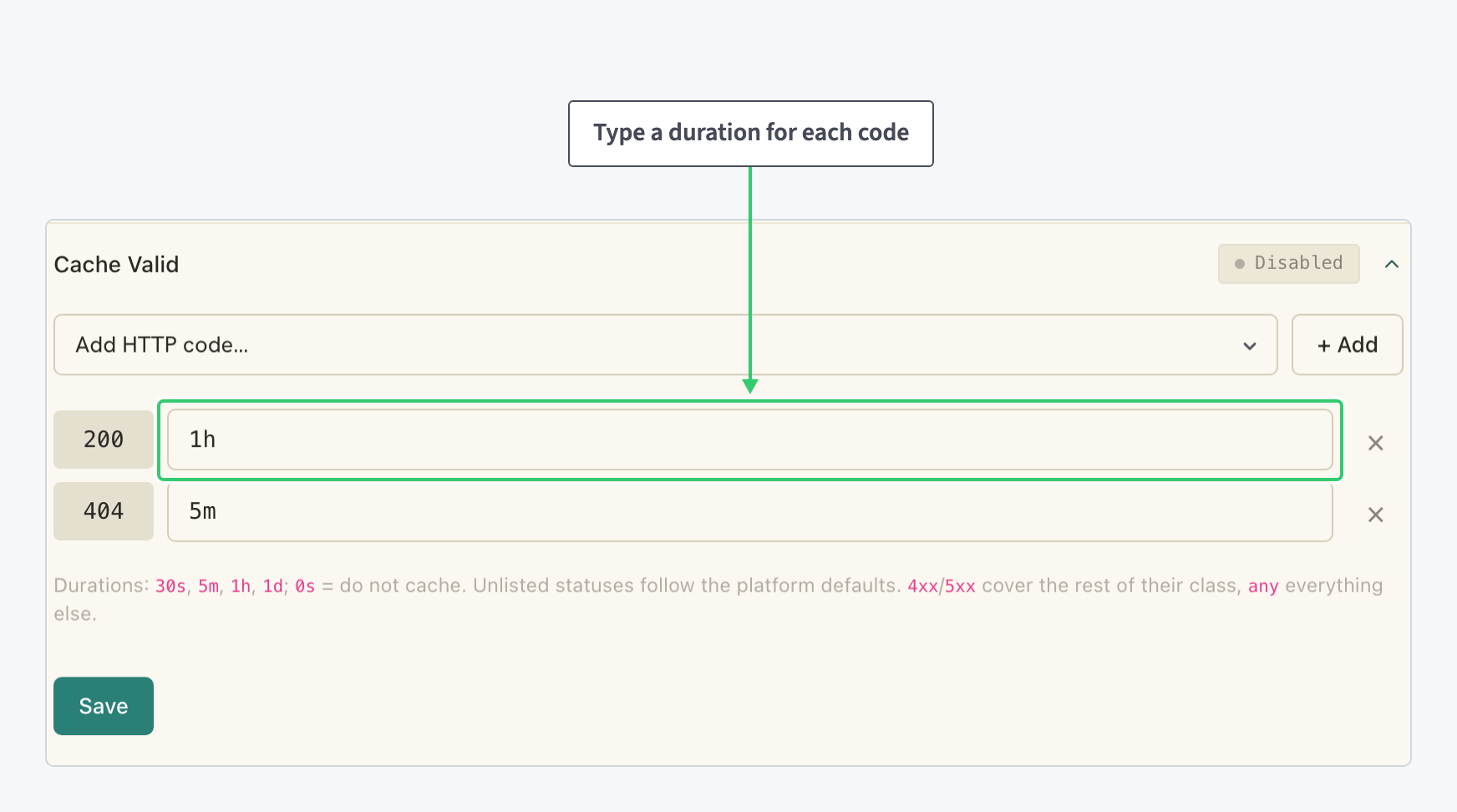 Cache Valid editor with duration rules staged for status codes 200 and 404