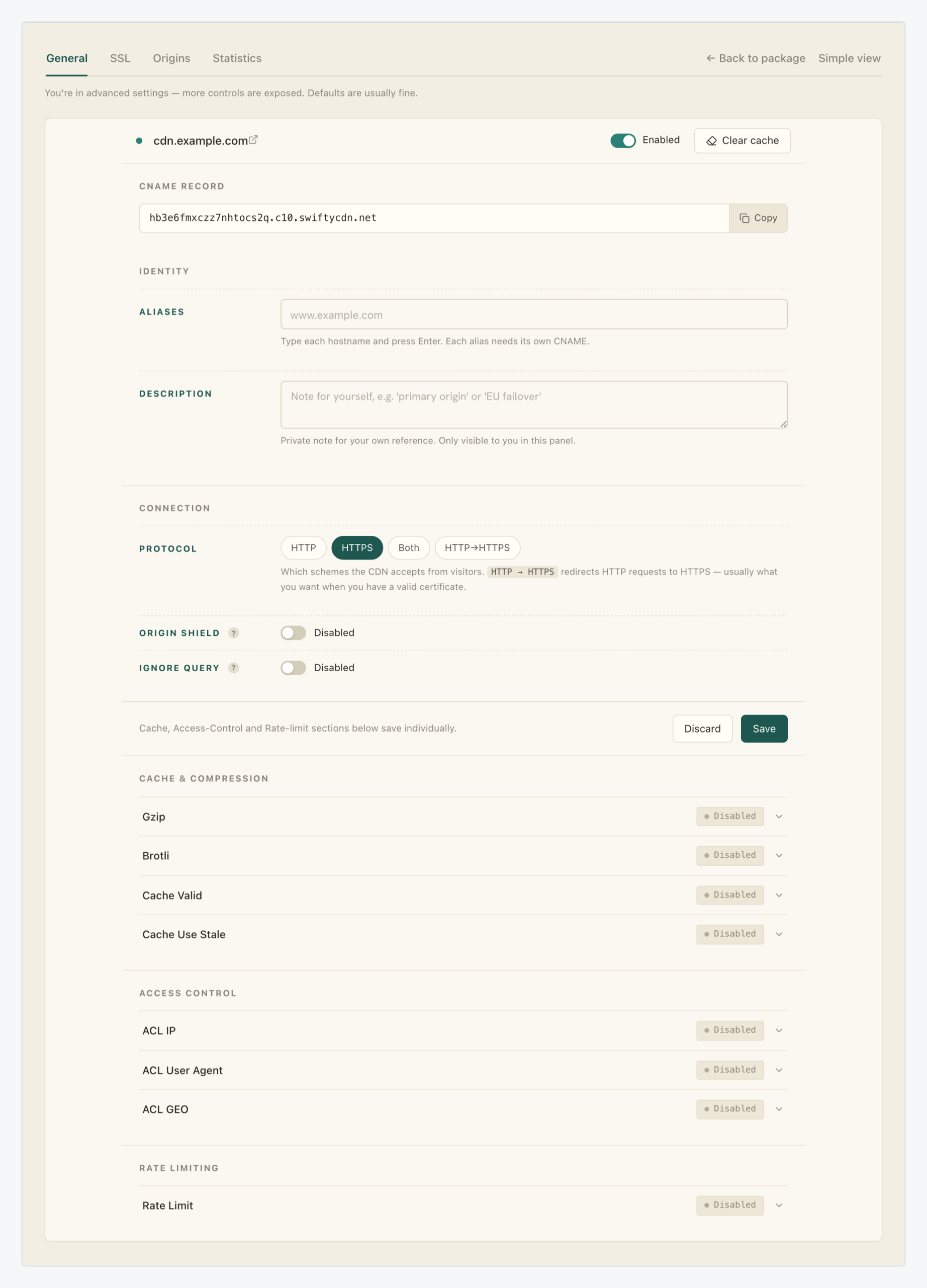 Advanced General settings of a CDN resource