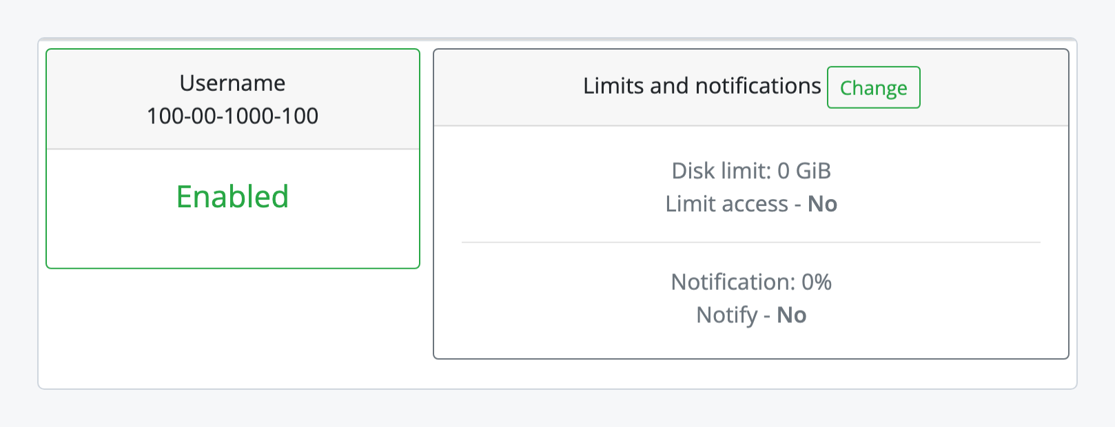 Service status card showing the username and Enabled status next to the Limits and notifications card