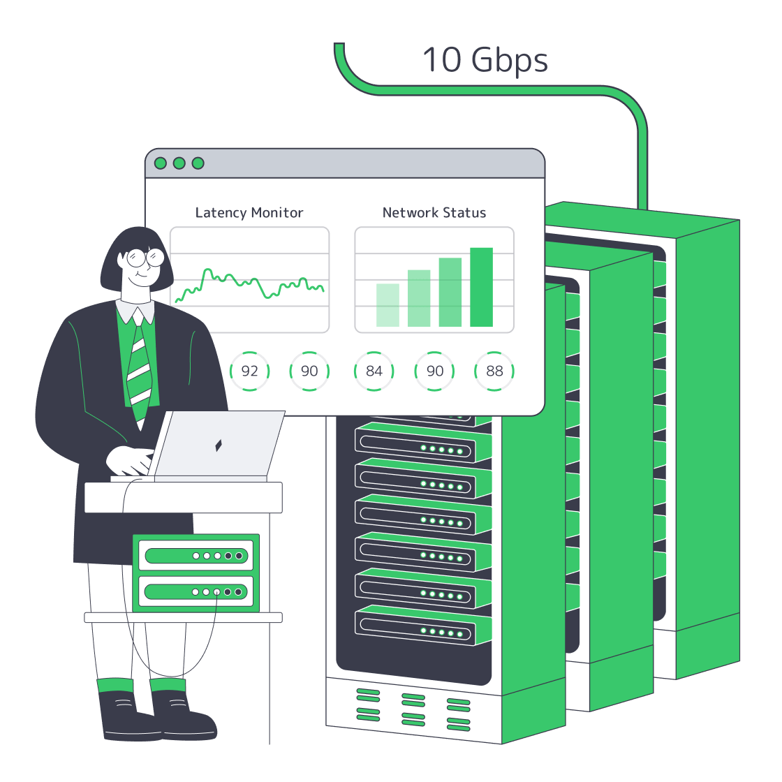 Engineer monitoring a 10Gbps dedicated server and network status
