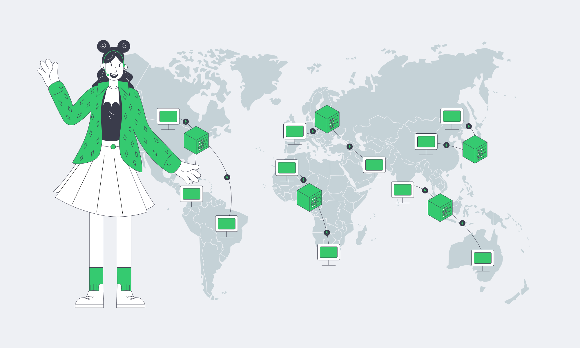 Engineer beside a world map connecting CDN servers to audience devices.