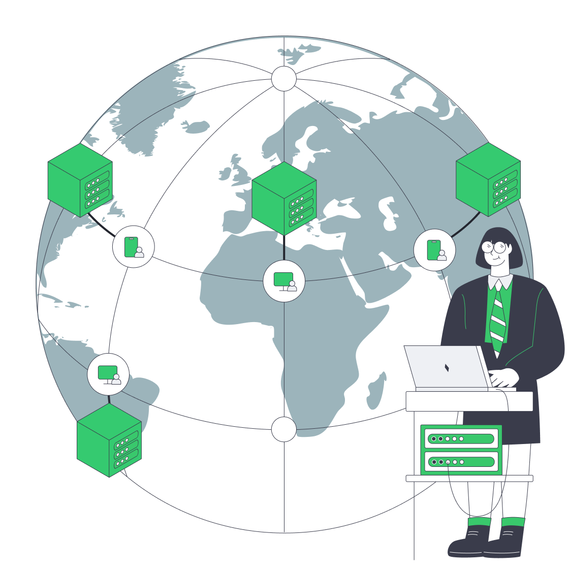 CDN server locations connected by different network routes across a globe