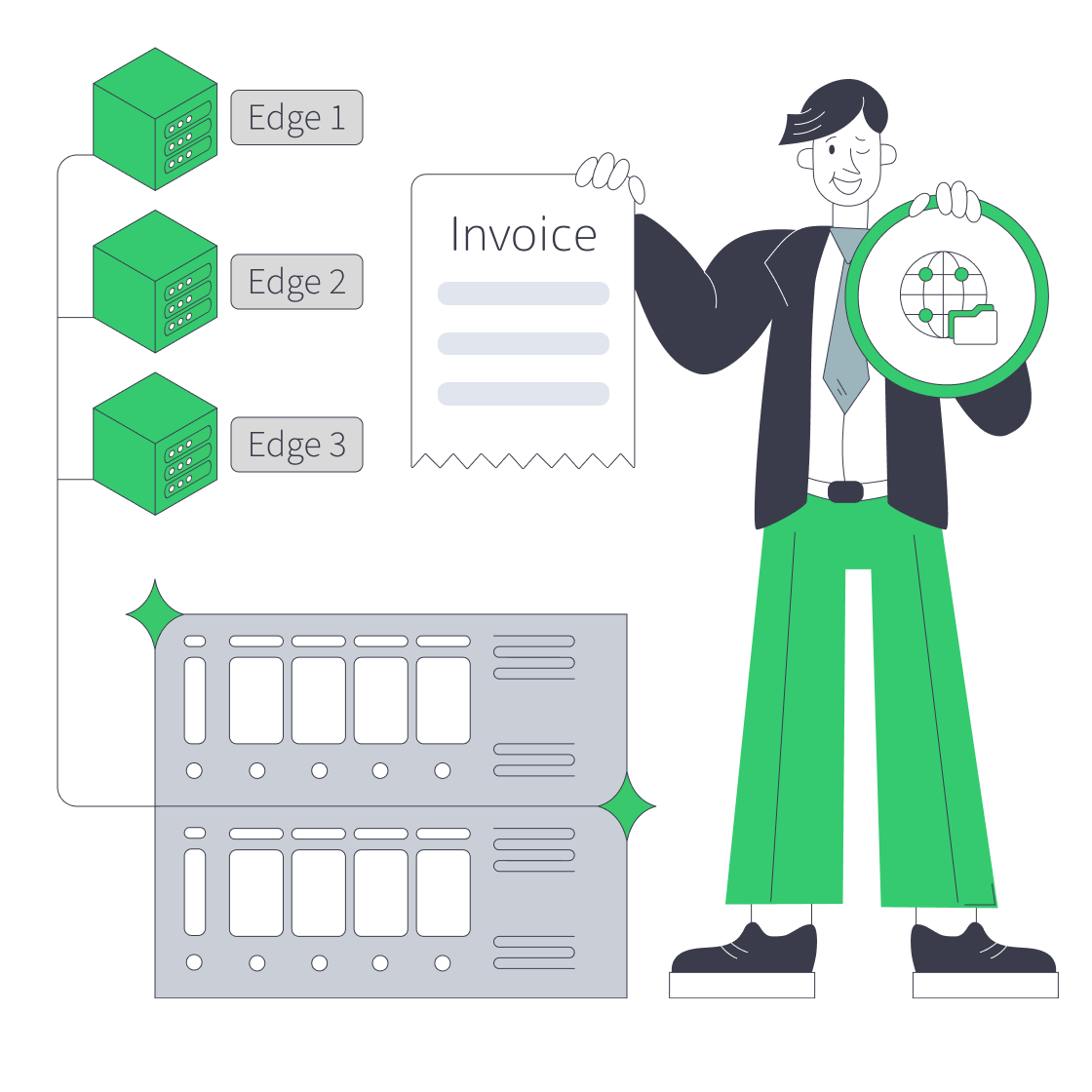 CDN edge servers and an engineer holding a delivery invoice and global network symbol.
