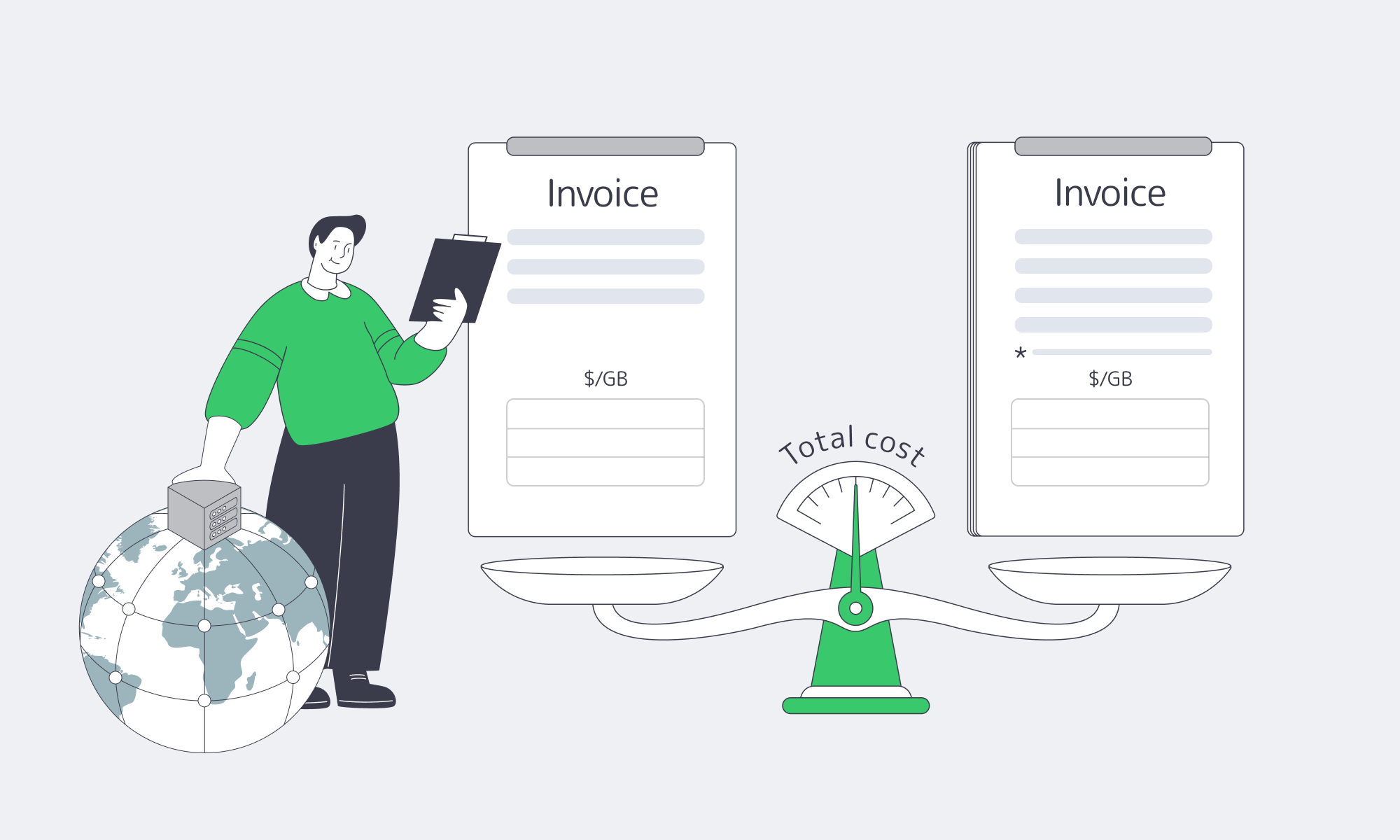 A balance scale comparing CDN invoices by total cost rather than price per gigabyte.