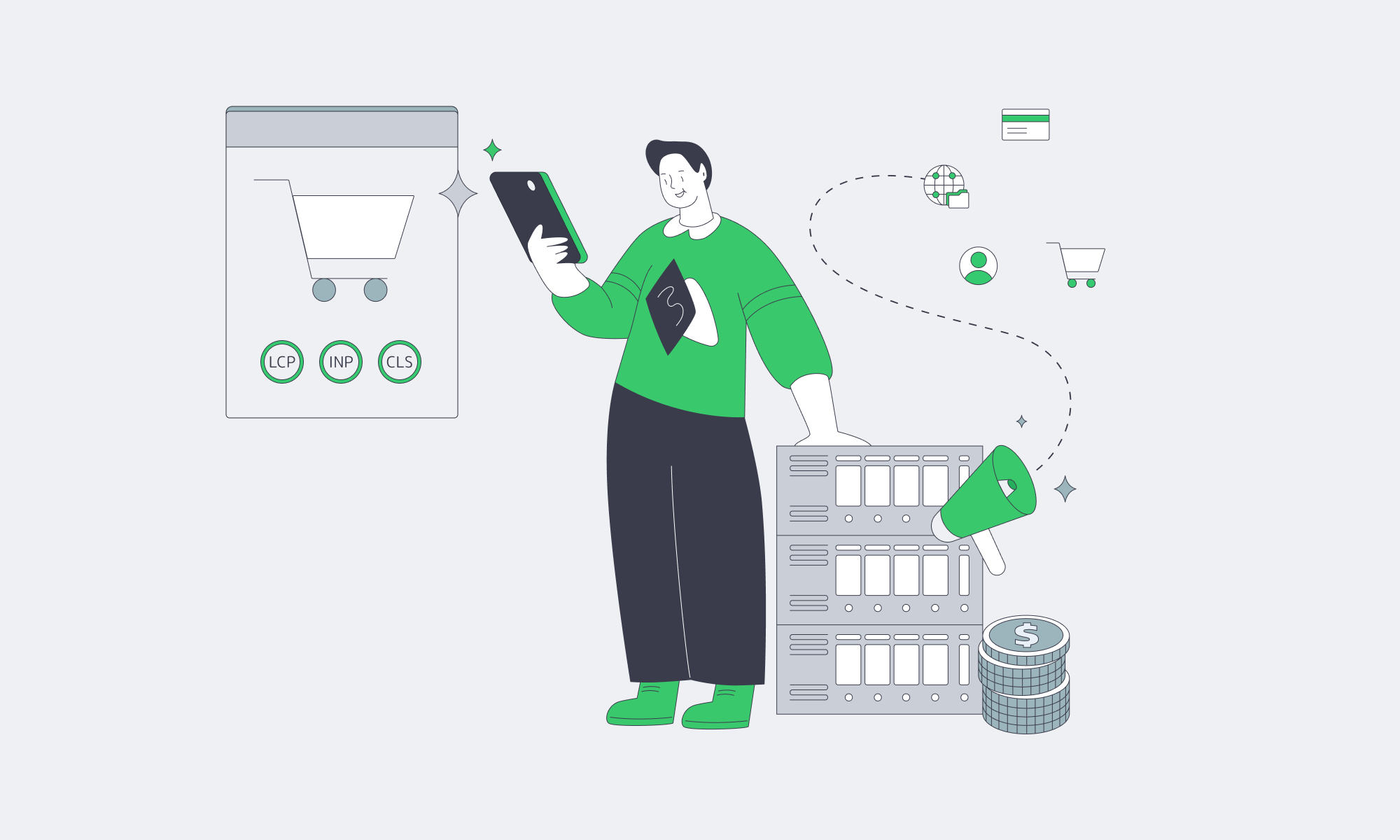Engineer using a phone beside ecommerce Core Web Vitals indicators and a server.