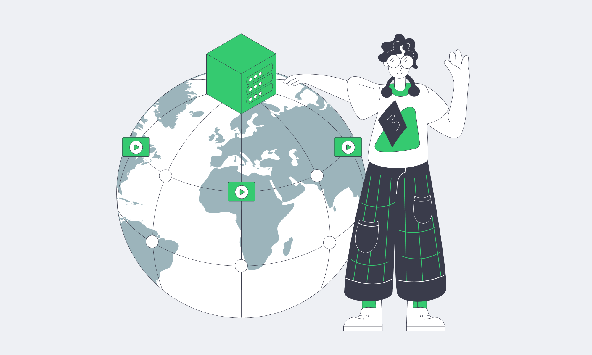 Engineer beside a globe with CDN servers and video playback icons.